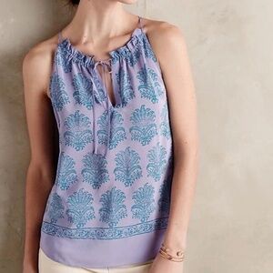 Anthropologie HD in Paris Silk Camisole Tank Drawstring Neck Purple Teal Paisley